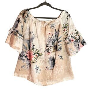 Hester & Orchard Floral Off Shoulder Ruffle Sleeve Blouse Women's Large